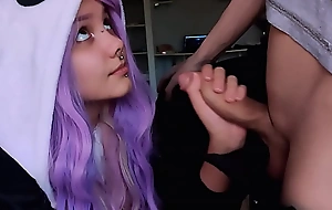Cute girl with purple hair is contented with my penis