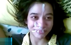 Young Indian legal age teenager lets beamy brother stoppage his cum on the brushwood face